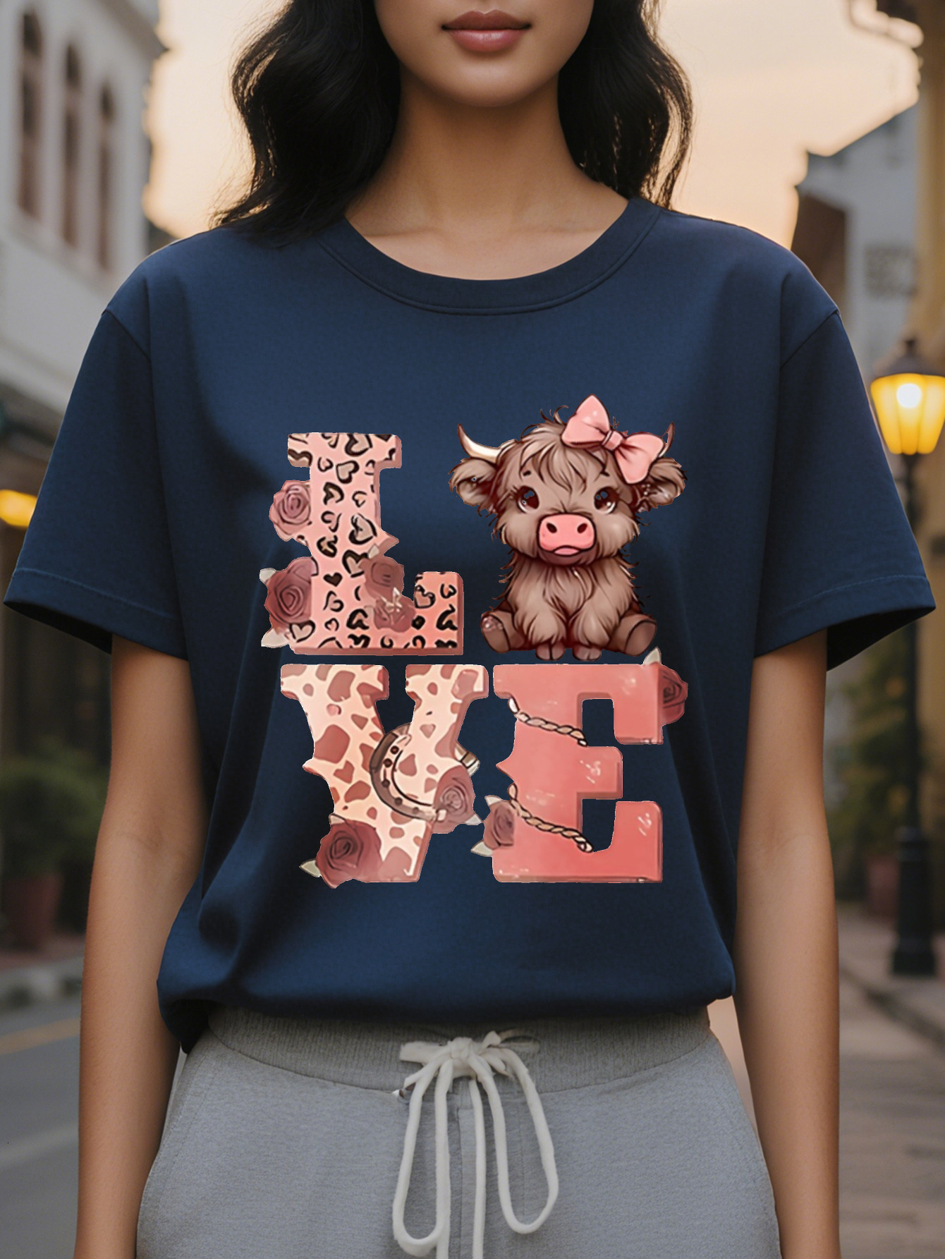Women's Slim LOVE Pattern T-Shirt Black with Pink Cow Print Translucent Crew Neck Short Sleeve Spring and Wear
