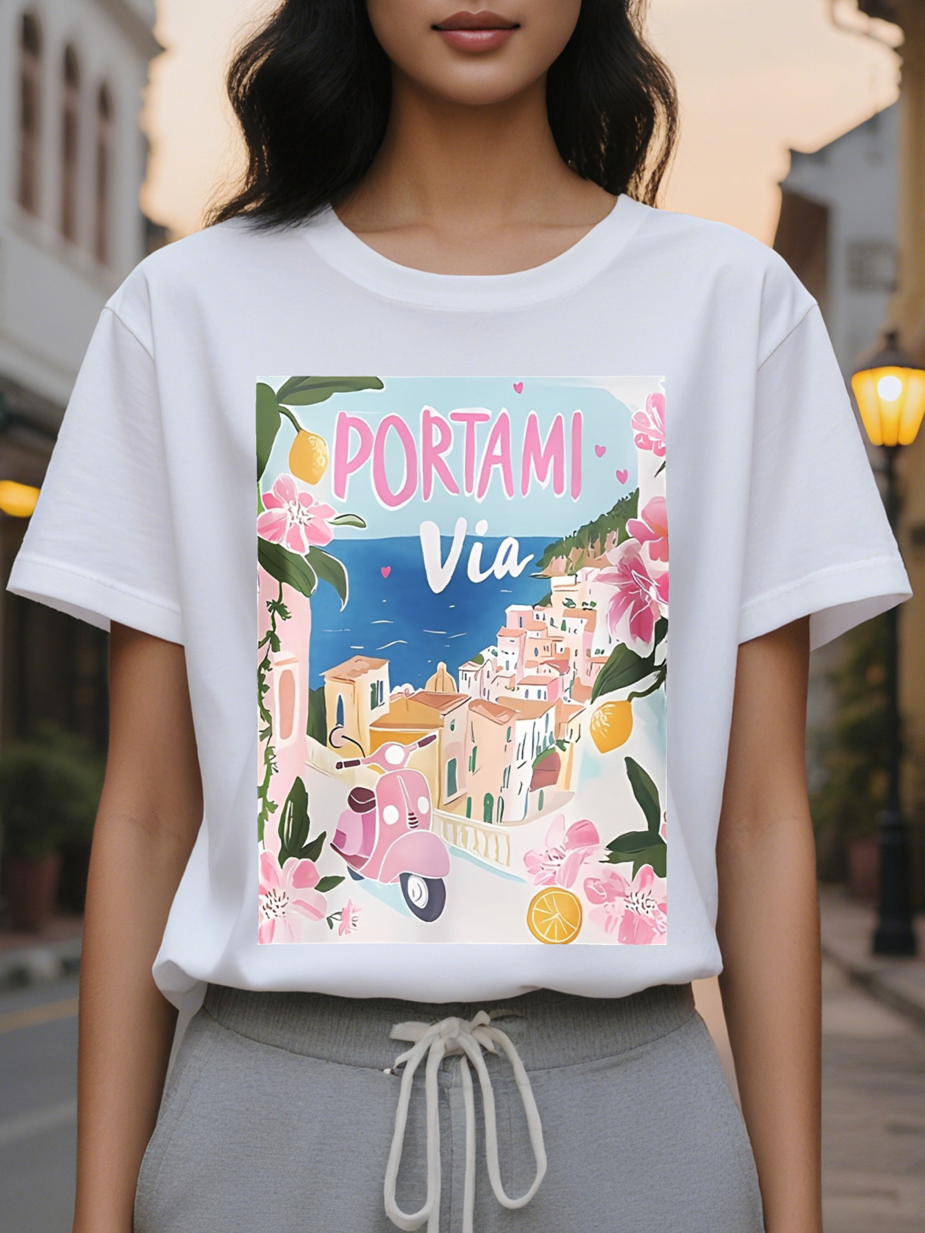 Large XL Women's Casual Short Sleeve T-Shirt Portofino Italy Graphic Print with Floral Pastel Buildings Soft Pink Round Plus Size