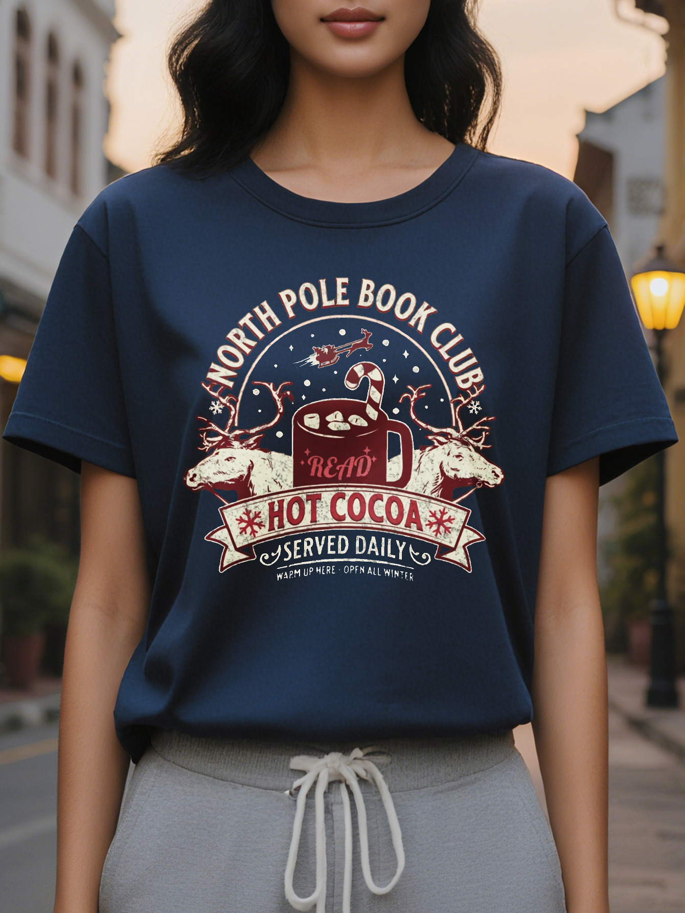 Large XL Women's Graphic T-Shirt North Pole Book Club Hot Cocoa Served Daily Vibrant Green Casual Round Neck Tee Plus Size