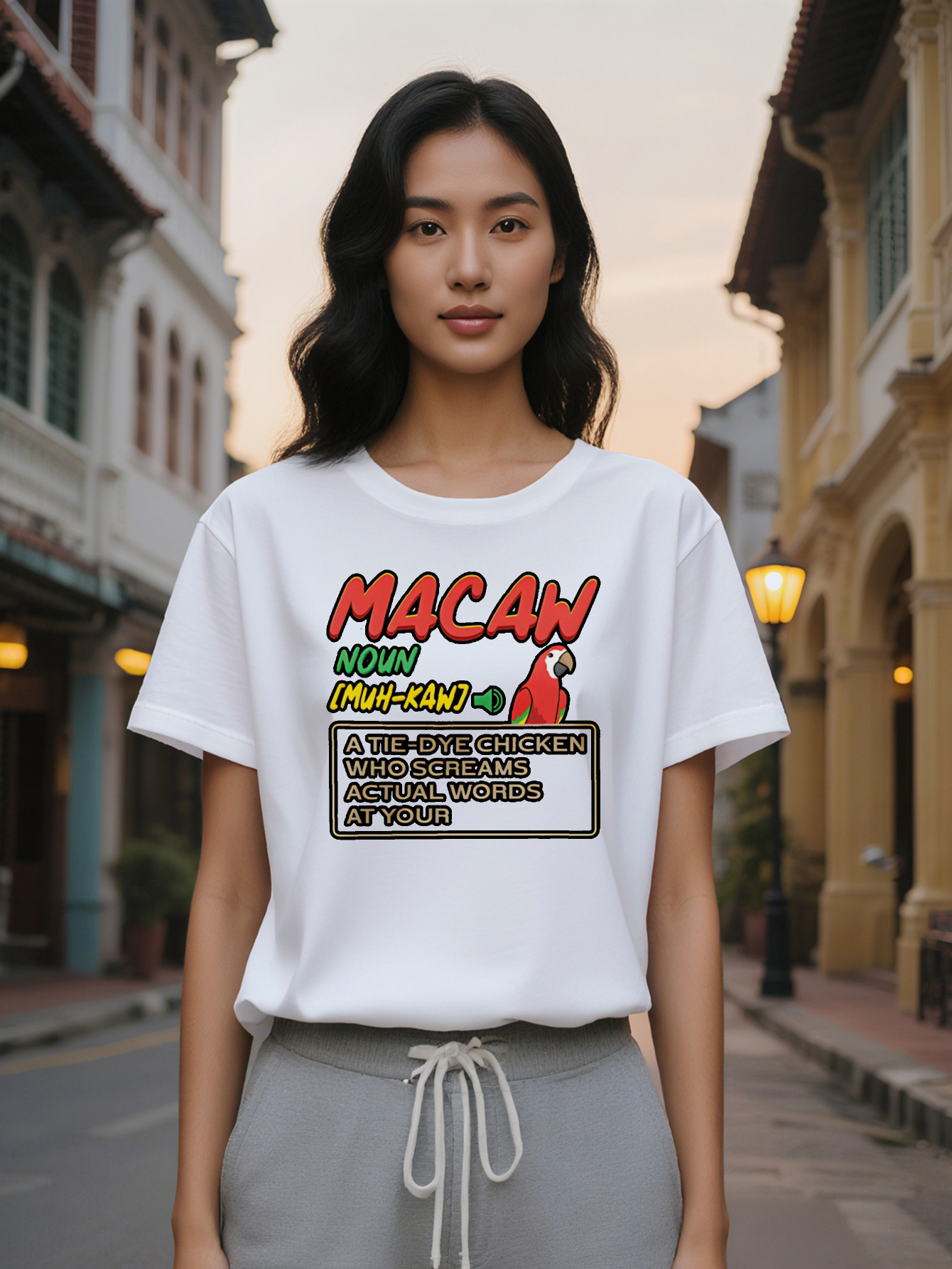 Lady Casual Crew Neck T-Shirt with Vibrant Print AW Text Colorful Parrot Design Perfect for Summer Everyday Tshirt