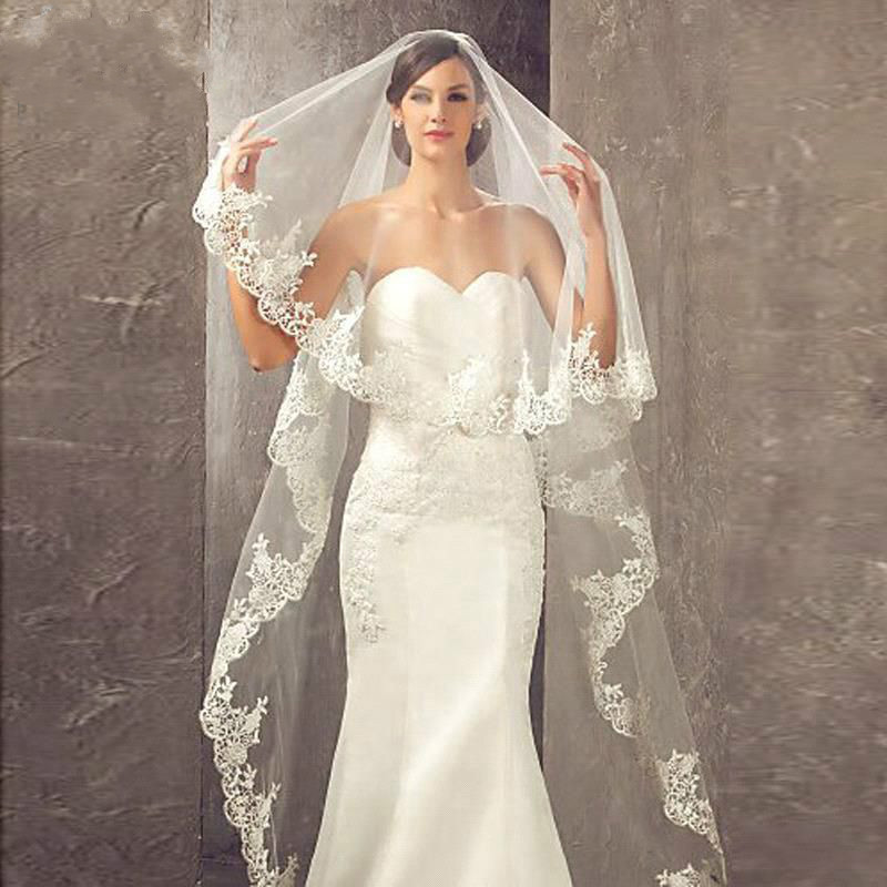 New Arrival Wedding Bride Veil One Layers White Lace Applique Edge Bridal Veils Cathedral Wedding Veil without Comb Soft Tulle Wedding Accessories