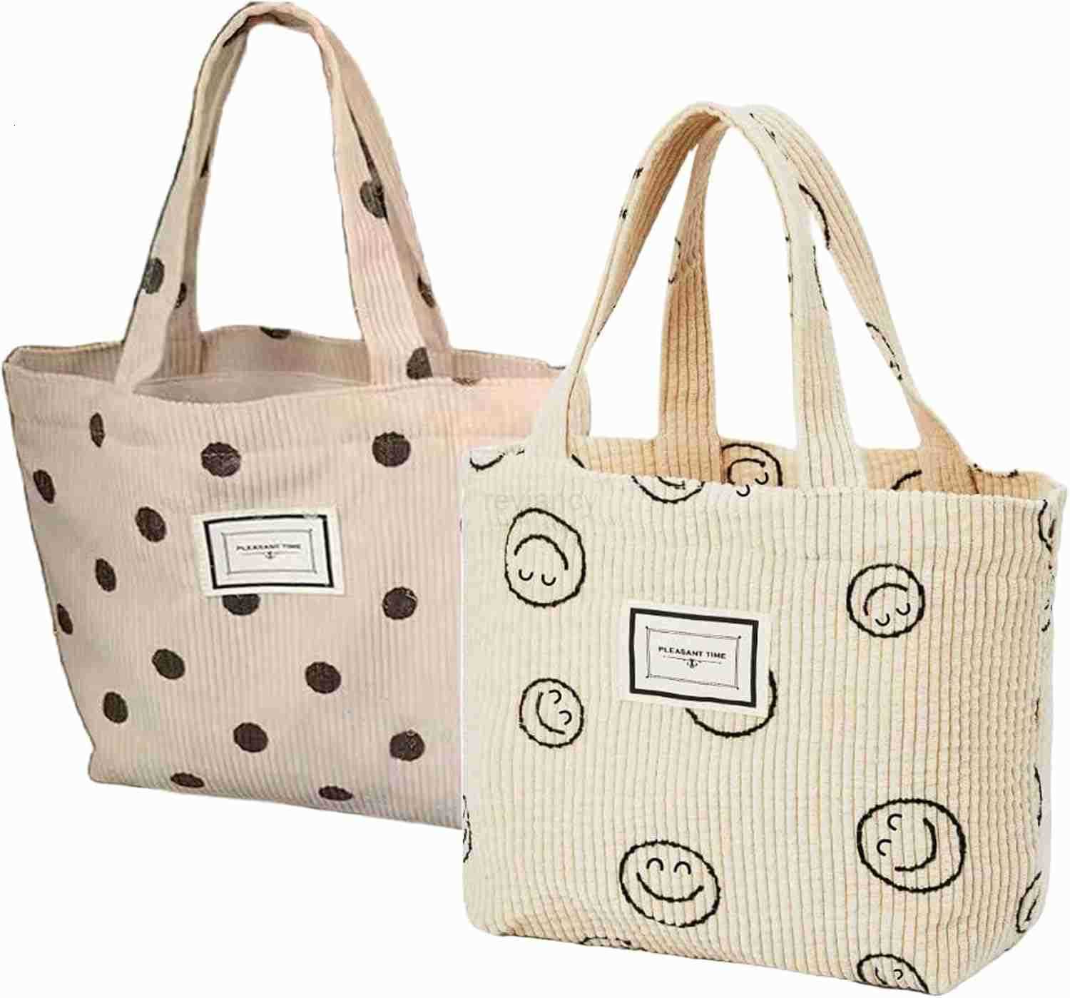 2 Pcs Corduroy Small Tote Bag for Women Cute Mini Tote Bag Preppy Aesthetic Reusable Bags for Grocery Essentials Water Bottle Keys Book BibleW250904