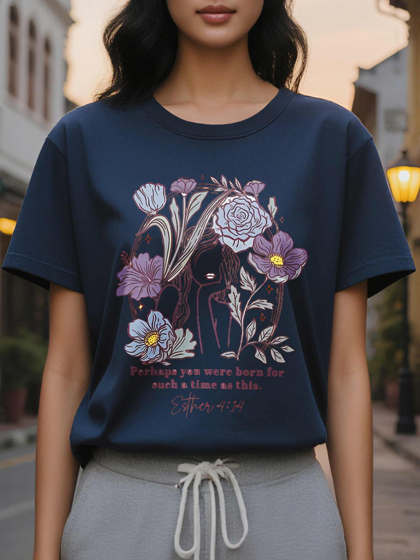 FLOWER American Printed Pattern Spring and Summer New Fashion Round Neck T-shirt Slim Fit Slimming Women's Short Sleeve