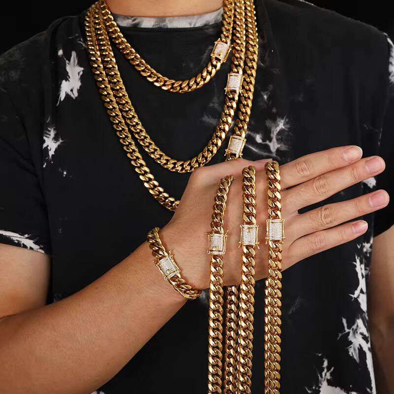 Iced Out Moissanite Cuban Chain Bracelet Necklace Mens Hip Hop Jewelry Brass Material Moissanite Clasp Cuban Link Chain Necklace