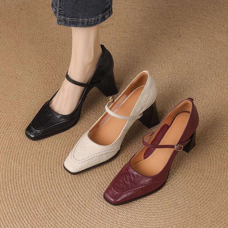 French Mary Jane Shoes for Designer Shoe Women, Squ Toe, One Strap, Burgundy Thick Heel, White Commuter High Heels