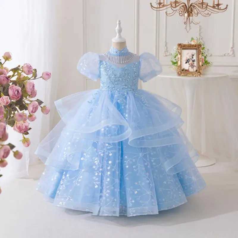 Girls Princess Dress Summer Semi-High Neck Embroidered Sequins And Pearl Decorations And Piano Performance Children Girls Dress Z250904