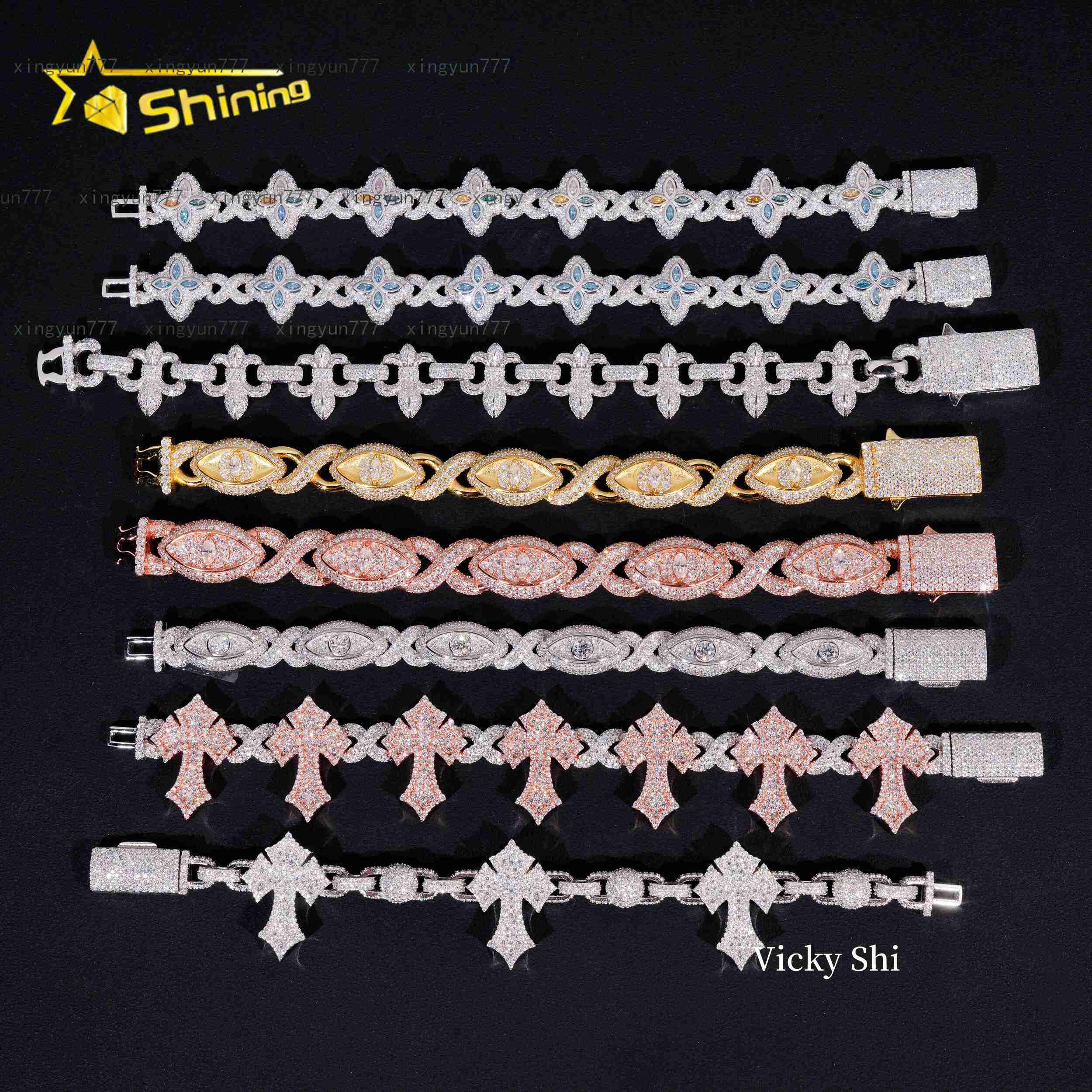 Men Hot Selling Moissanite Bracelets Collection Iced Out 925 Sterling Silver Moissanite Cross Evil Eyes Cuban Bracelet
