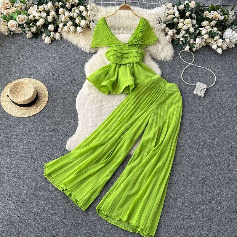High-End Elegant Fashion Suit Women's Summer Pleated Sleeveless Chiffon Top + High-Waisted Wide-Leg Pants Two-Piece94