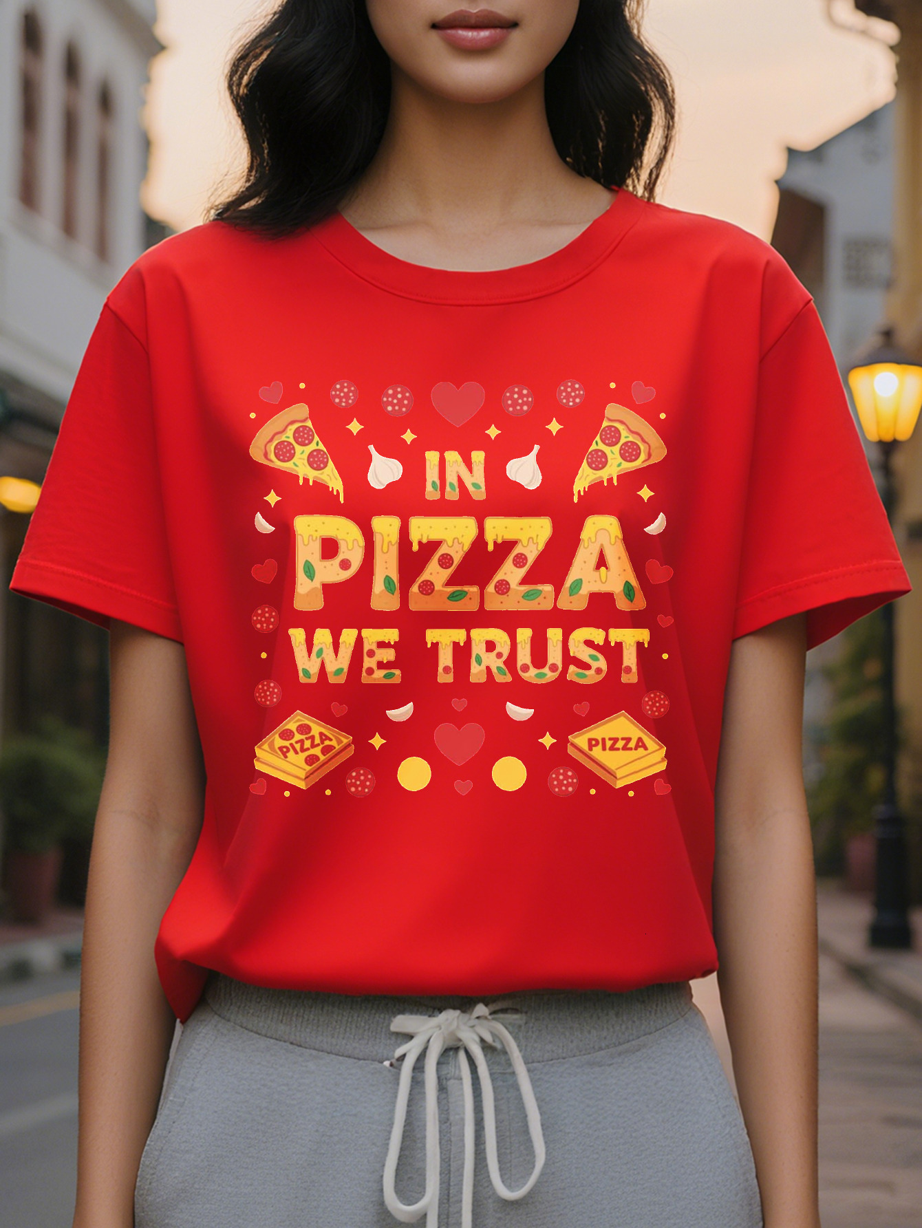 Women's Fun Lover T-Shirt PIZZA WE TRUST Pattern Pepperoni Cheese Design Casual Round Neck Short Sleeve Summer Top