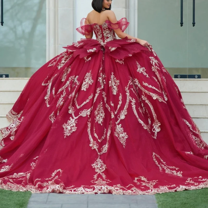 Red Quinceanera Dresses Ball Gown Off The Shoulder Applique Lace Bow Beading Crystal Tull Party Sweet 16 Dress Vestidos 15 De Anos