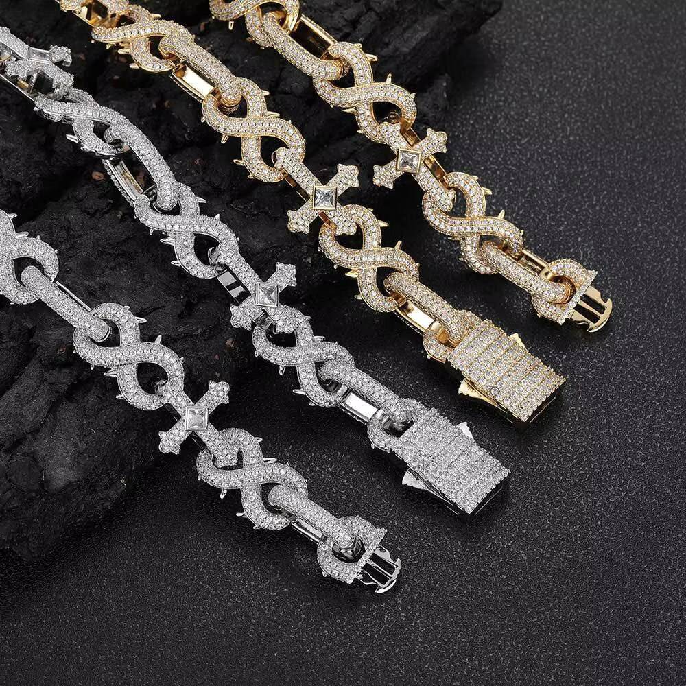 Shiny Diamond Cross Bracelet Silver Micro Pave Moissanite Infinity Chain Iced Miami Cuban Link Hip Hop Fine Chain Bracelets