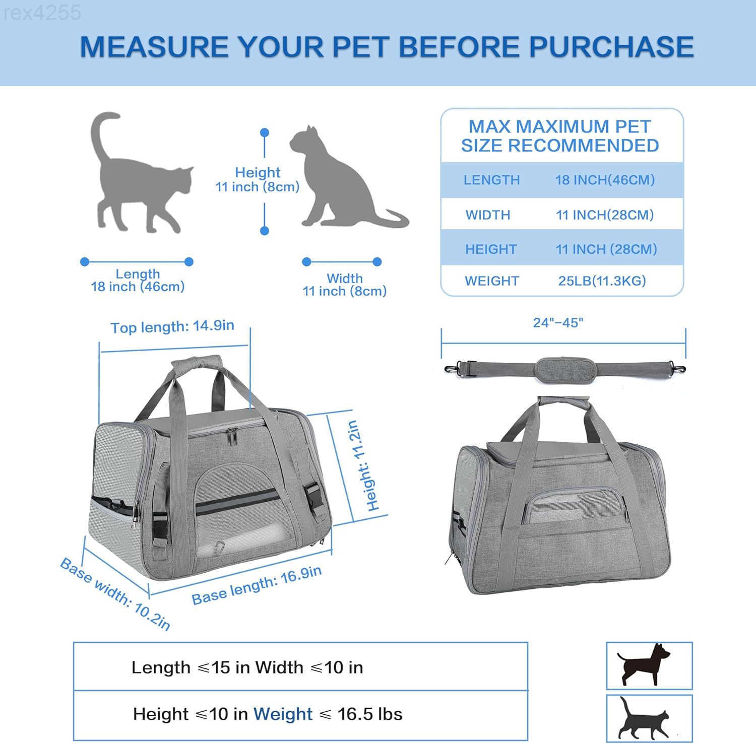 Pet Travel Carrier Soft Sided Portable Bag for Cats Small Dogs Kittens or Puppies Collapsible Durable Airline Approved Travel Friendly Grey 170 L x 10