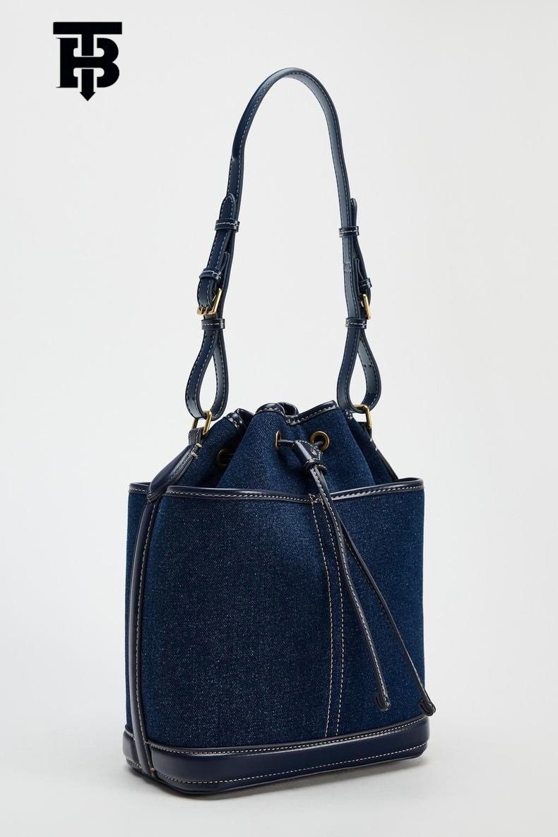 TB BHULAMTE Z Brand Cross-border Bucket Bag 2025 Autumn Winter New Denim Patchwork PU Shoulder Bag Foreign Trade High Designer S Bag Capacity Bag
