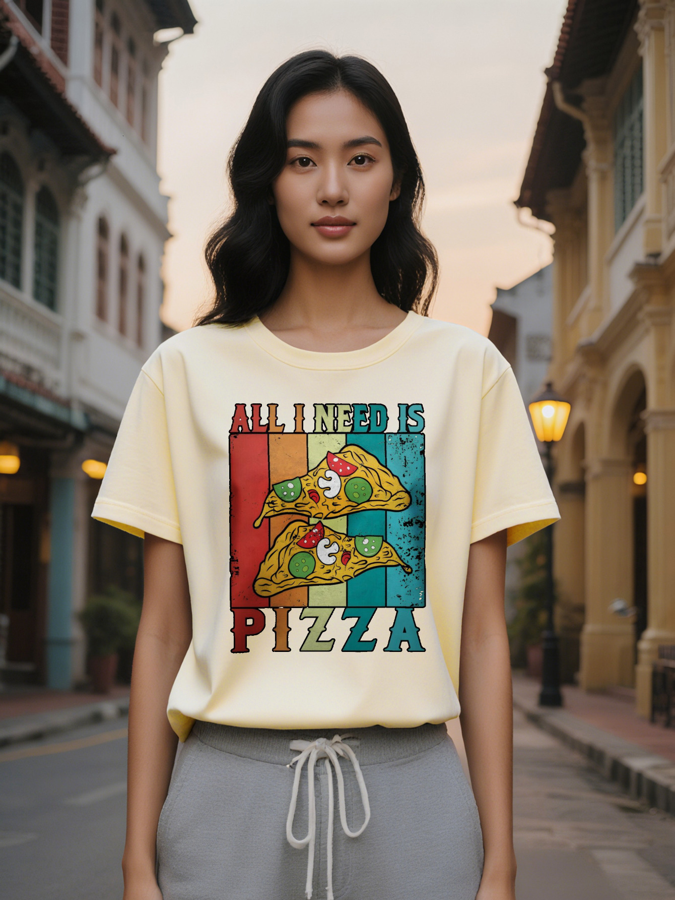 Lady Casual Crew Neck T-Shirt with All I Need Is Fun Pizza Themed Design Black Summer Essential Hine Washable