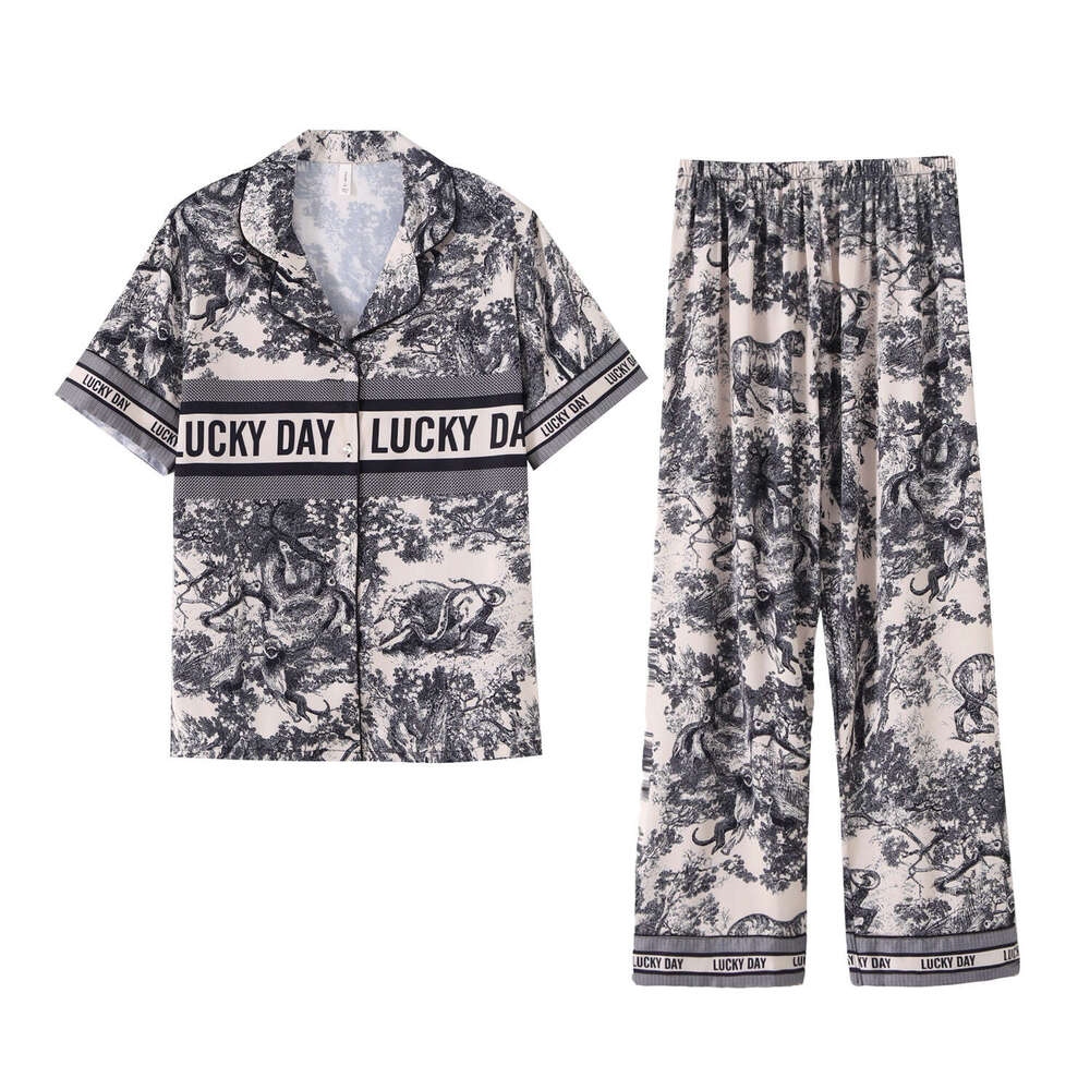 Women's New Spring and Fall Ice Silk Pajamas Home Style Suit Girl Ink Printing Silk Pajamas Ins Advanced Sense of Homewear Designer Clothes