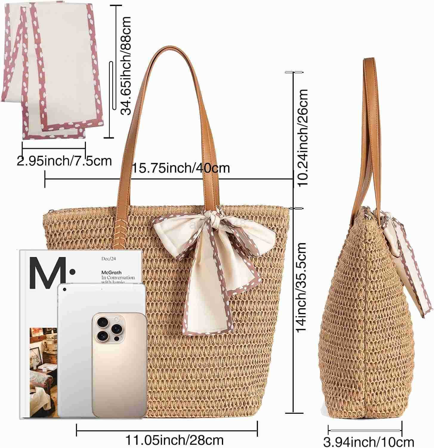 Large Straw Beach Bag Womens Handwoven Tote with Zipper Pocket 2025 Lightweight Summer Purse for Travel Work M250904
