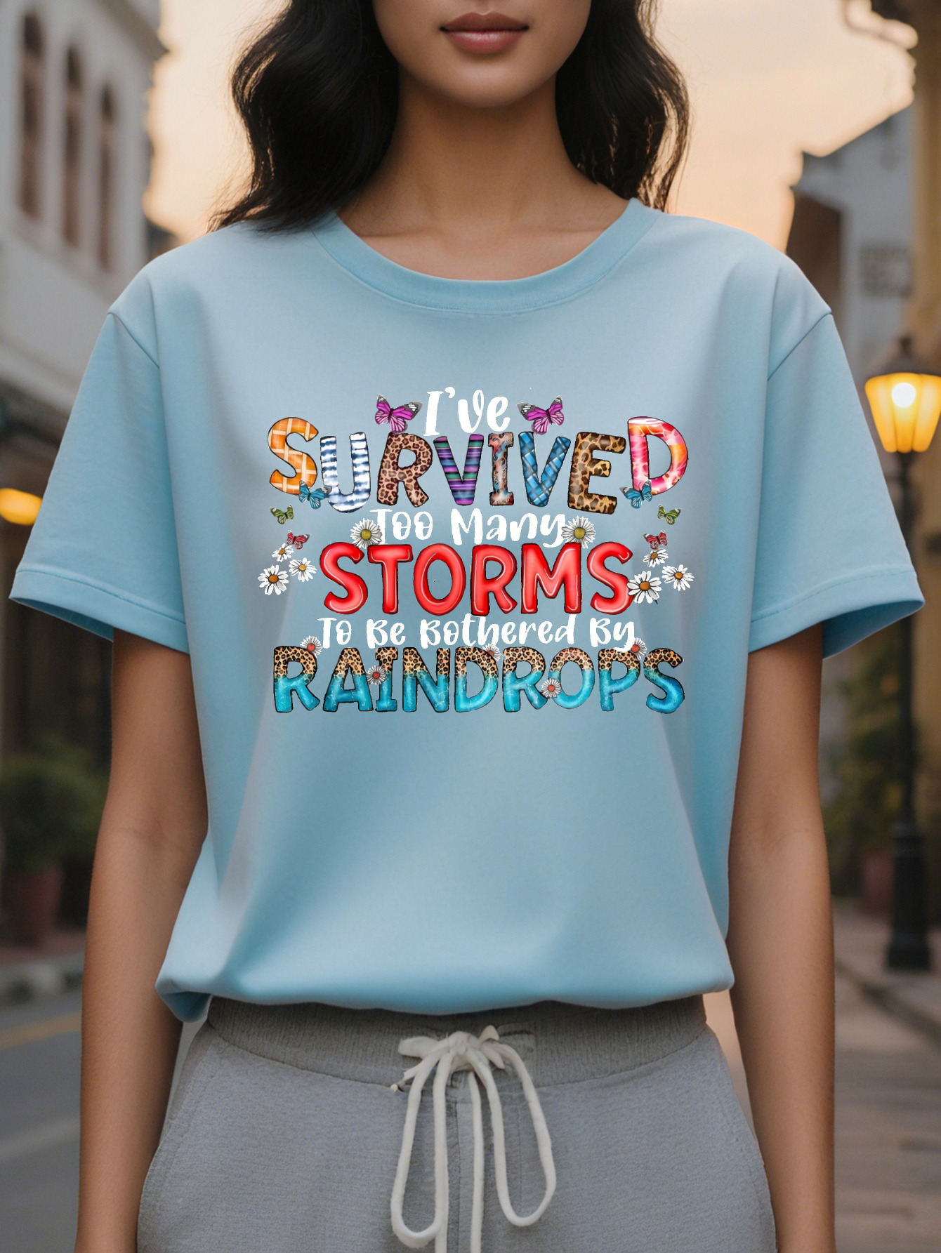 Women's I've Been Through Too Many Storms T-Shirt Black Round Neck Casual Top Colorful Letters Floral and Butterfly