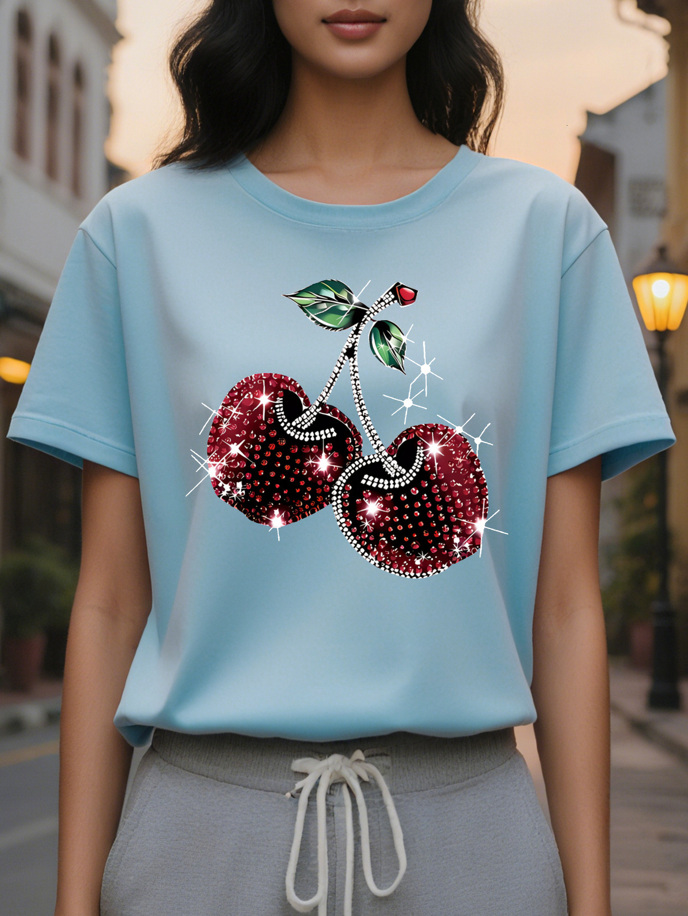 Large XL Cherry Fruit Circle Print T-Shirt Short Sleeve Round Neck Casual Wear Plus Size
