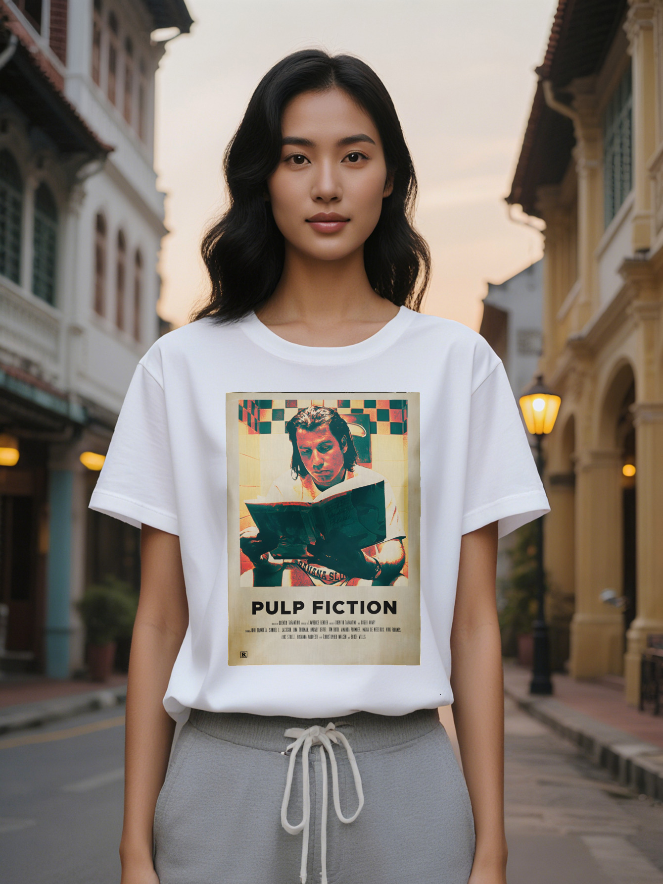 Large XL Women's Casual Crew Neck T-Shirt Pulp Fiction White with Black Print Short Sleeve Regular Fit Summer Tee Perfect Gift Plus Size