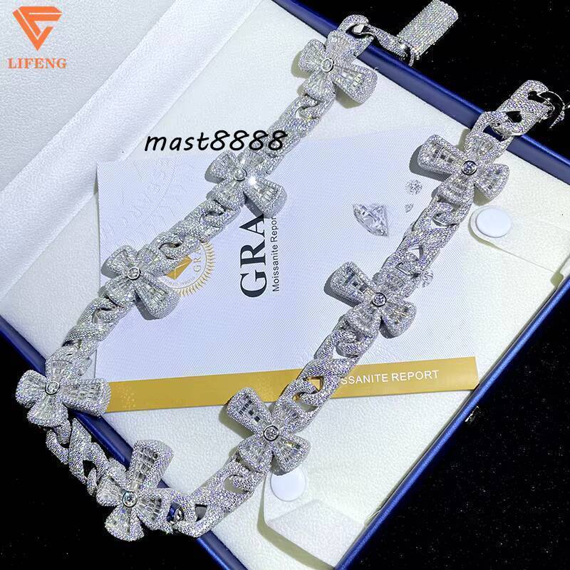 New Cross Cuban Link Chain 925 Silver Baguette Moissanite Iced Diamond Hip Hop Necklace for Men Cluster Necklace