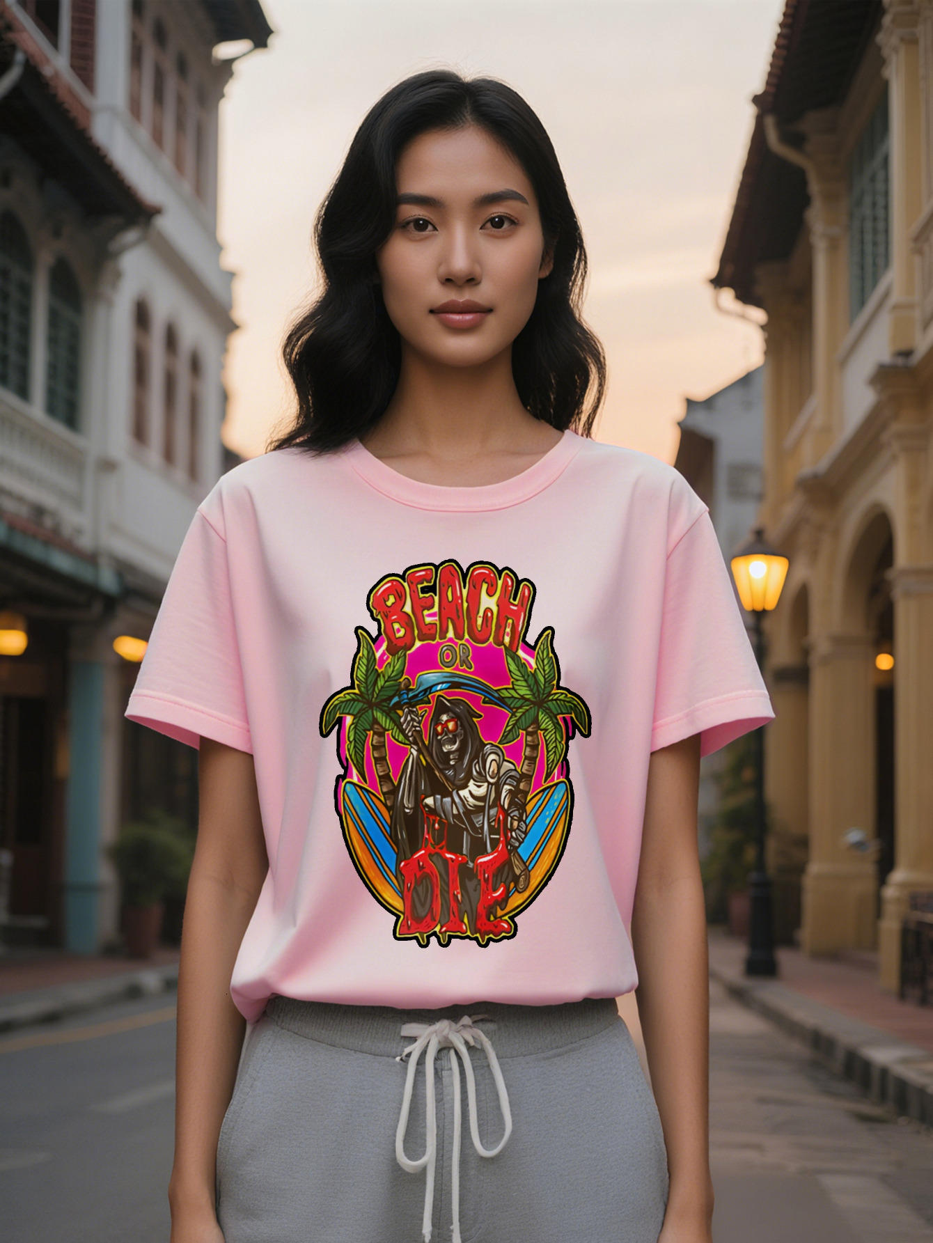 Large XL Casual Graphic T-Shirt with Beach Skull Scythe Palm Tree Print Black Round Neck Short Sleeve Summer Tee for Plus Size