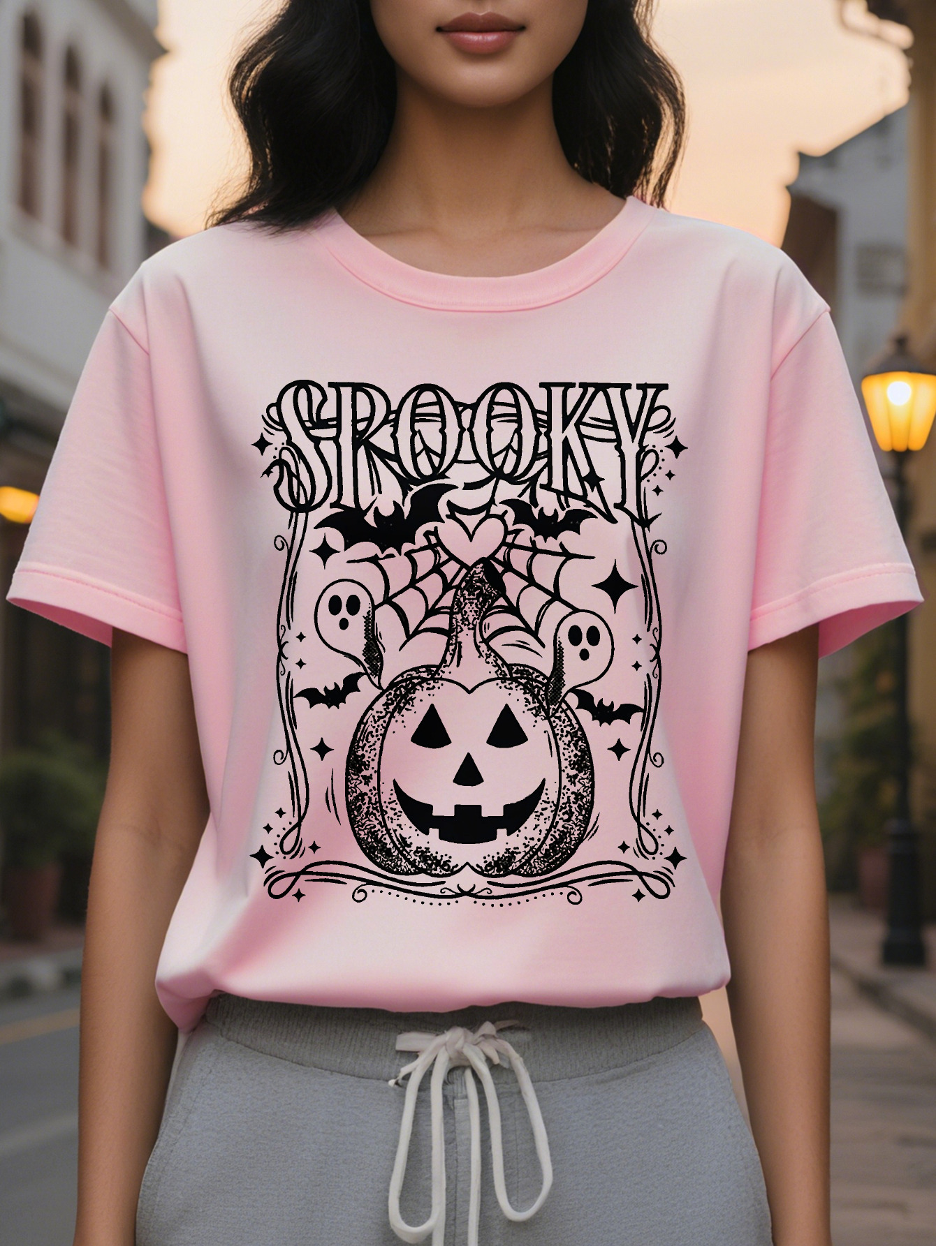 Large XL Women S Pumpkin Graphic T-Shirt Olive Green Spooky Tee with Jack O Lantern Soft Round Neck Casual Top for Party Plus Size