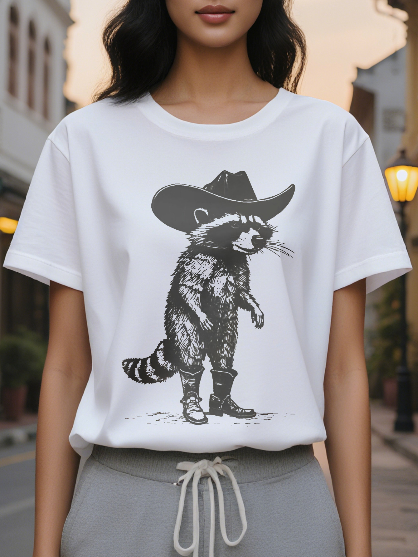 2024 Racoon Print Crew Neck T-shirt Short Sleeve Casual Top for Summer Spring Women's Clothing