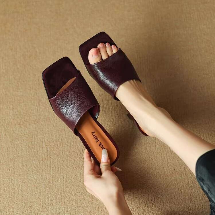 Soft Sheepskin One-Strap Slippers Designer Shoe for Women, Summer New Genuine Leather Squ Toe Open-Toe Sandals with Thin High Heels