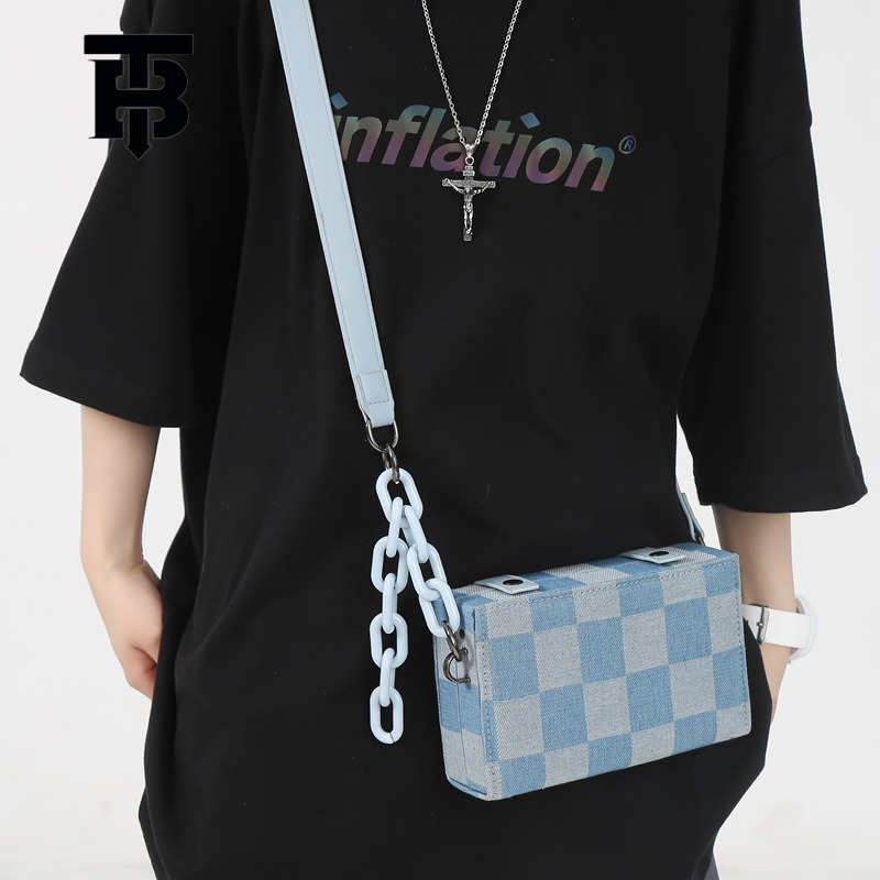 TB BHULAMTE Denim Chain Small Square Bag Men Trendy Brand Casual Versatile Fashion Korean Version Designer s bag Box Bag Canvas Single Shoulder Crossb