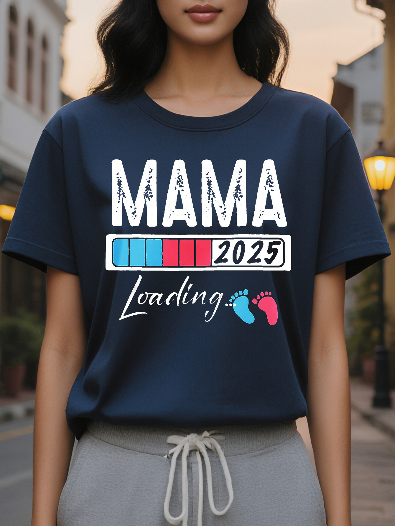 Large XL Women's Casual Short Sleeve Round Neck T-Shirt MAMA Leading Print Heather Gray Washable All Season Plus Size