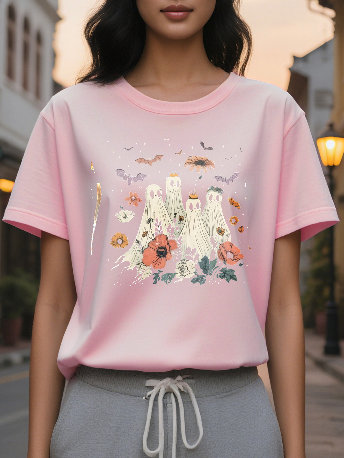 million Holy Festival Women's Casual T-shirt Crown Ghost Flower Bat Pattern soft and breathable round neck