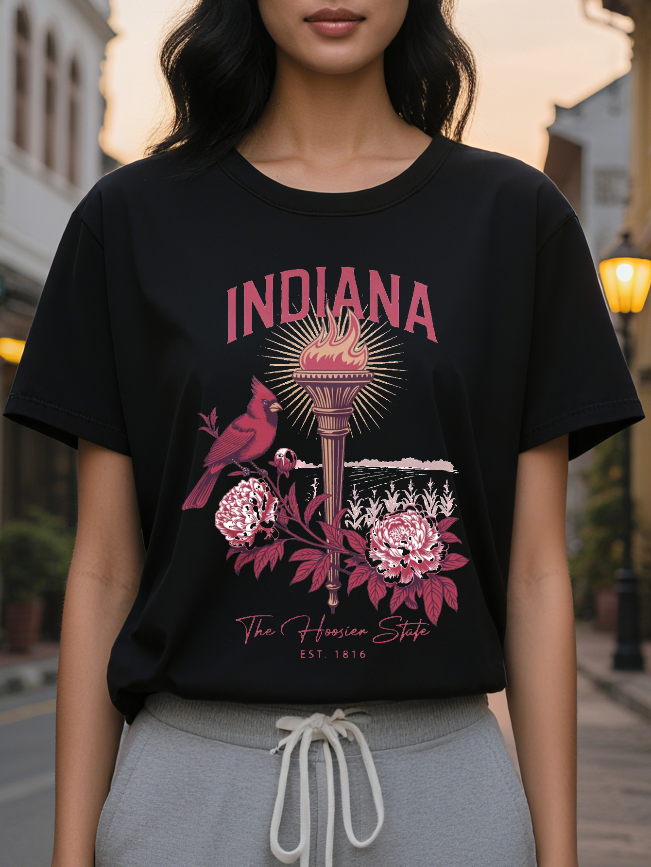 Women's Indiana pattern T-shirt white with red retro design established in round neck casual jacket light summer