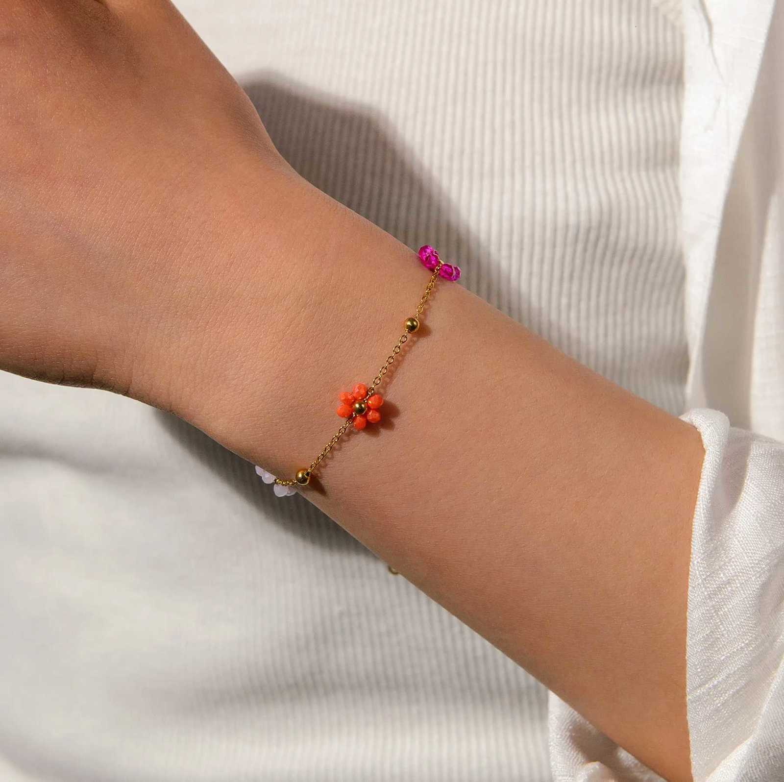 Freeteeme Fashion Colorful Flower Bracelet for Women Girls Stainl Steel Jewelry Gold Color Beads Chain Valentines Day GiftXJ250904