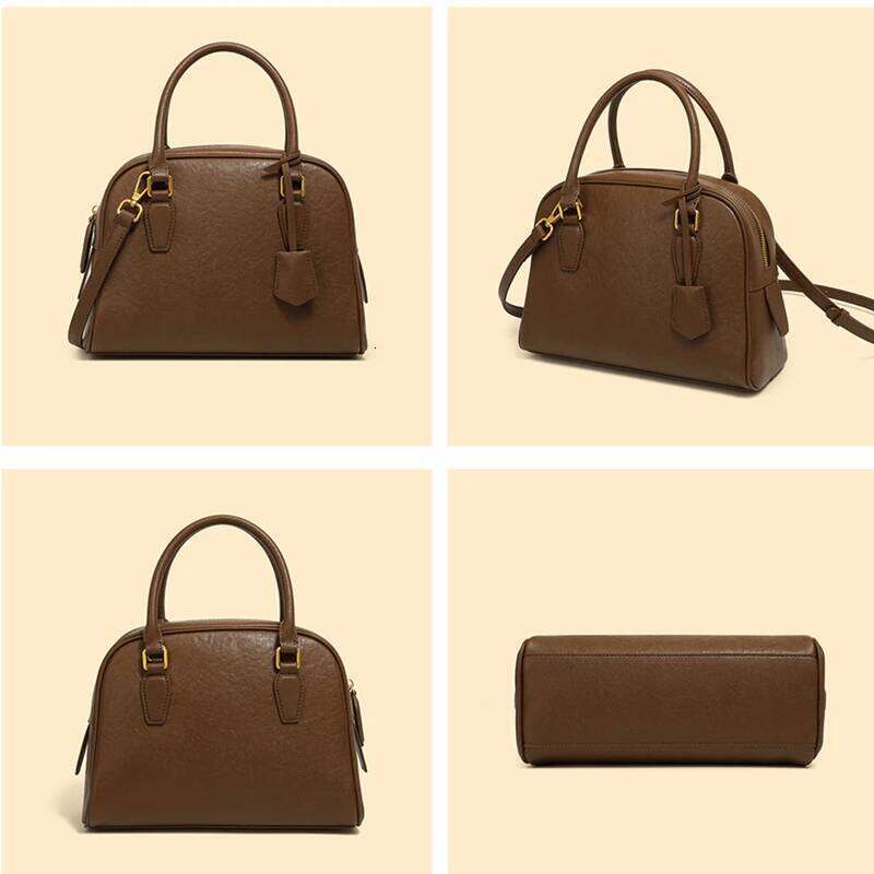 Hifashion Vintage Genuine Leather Bowling Tote Handbags For Women 2025 Designer Shell Work Ladies Shoulder Crossbody Bags