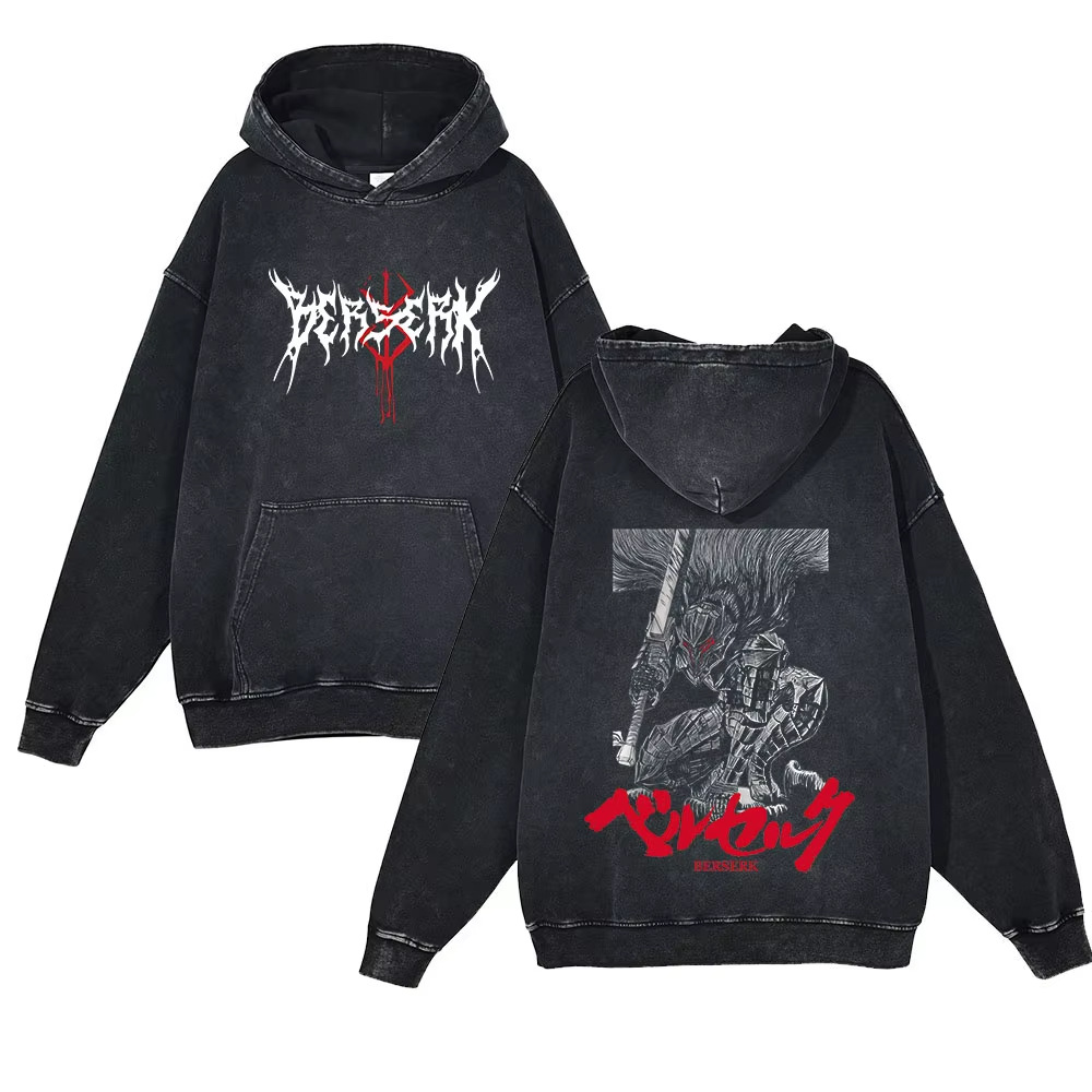 440g Heavyweight Washed Vintage Berserk Sword Art of the Dragon Print Street Retro Hoodie - VT2417