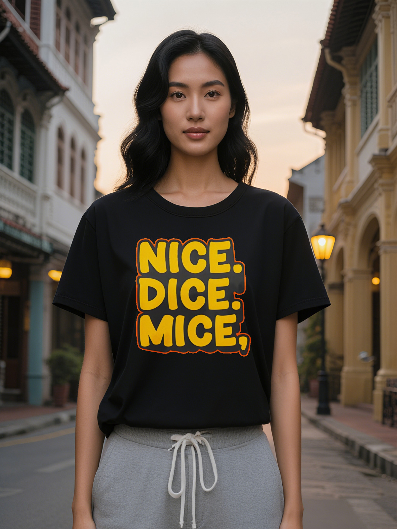 Large XL Lady Casual Nice Dice Mice T-Shirt Black with Orange Border Round Neck Stretch Fabric Summer Style Perfect Gift Plus Size