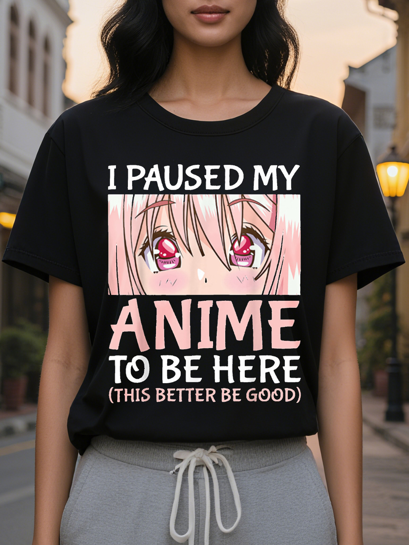 Large XL Women's I Paused My To Be Here Anime Graphic T Shirt Manga Character Face Pink Lettering Print Round Neck Short Plus Size