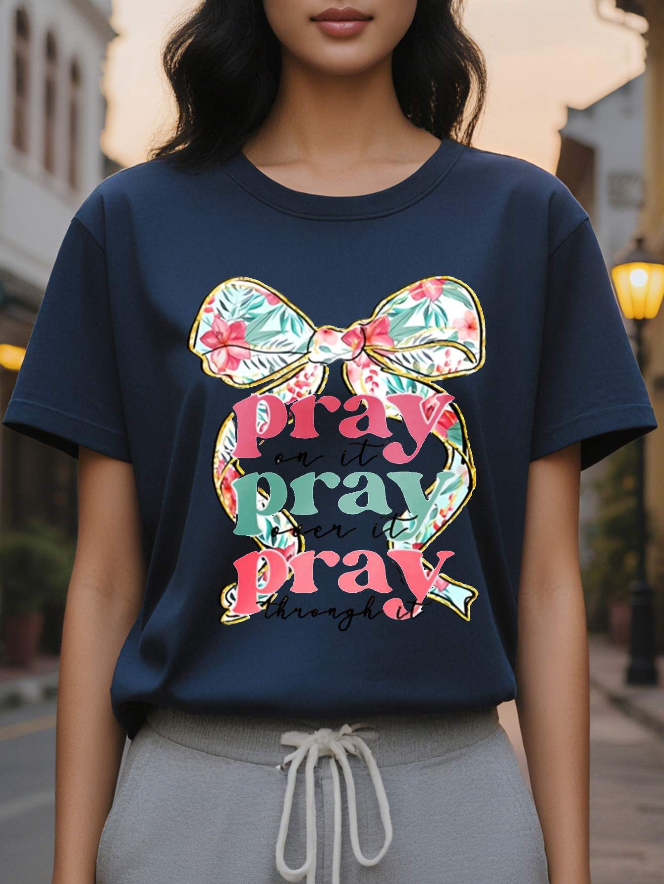PRAY American Printed Pattern Spring and Summer New Fashion Round Neck T-shirt Slim Fit Slimming Women's Short Sleeve