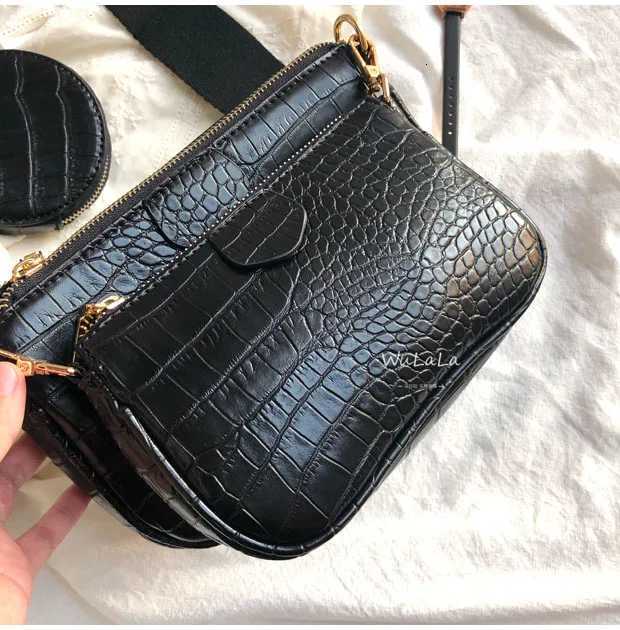 Vintage Crocodile women shoulder bag designer wide strap Crossbody bag chain Sling bag pu leather ladies 3 bag set wallet Z250903
