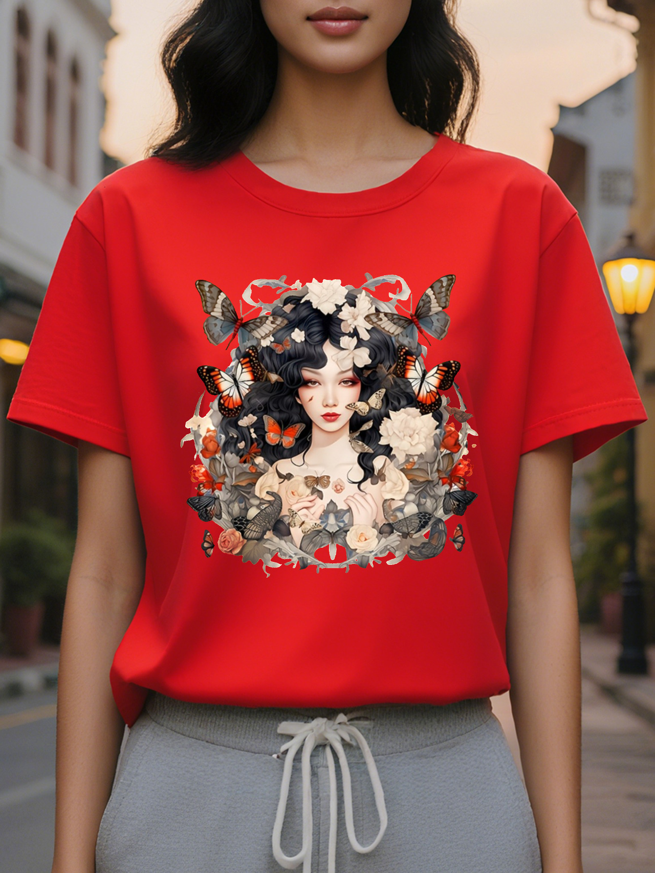 Ladies Butterfly Floral Print T-Shirt Lightweight Square Meters Cotton Fiber Round Neck Short Sleeve Top