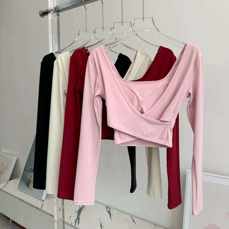 Fixed Chest Pads Crossed Back Yoga Tight Fitting Slimming Sports Long Sleeved Running Pula Fiess Clothes Tops Shirts