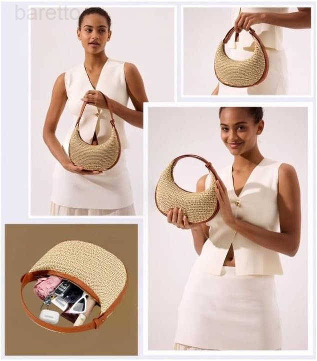 Straw Crossbody Shoulder BagBeach Woven Hobo Bag Shoulder Underarm Bag Chic Crescent Purses with Adjustable Straps M250903