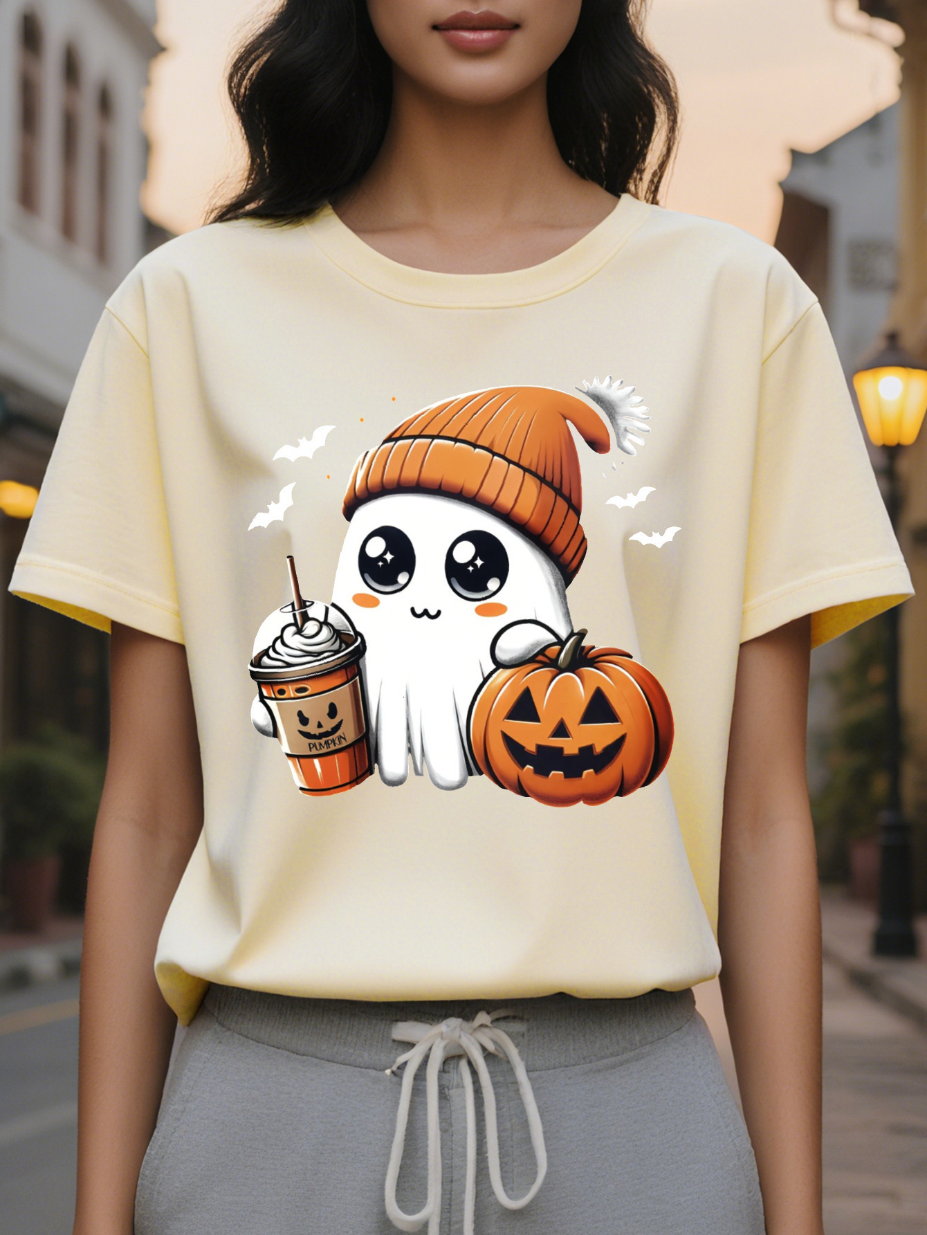 Women S Casual Crew Neck T-Shirt with Pumpkin Ghost Applique Cotton Knit Fabric Regular Fit Fall Season Top