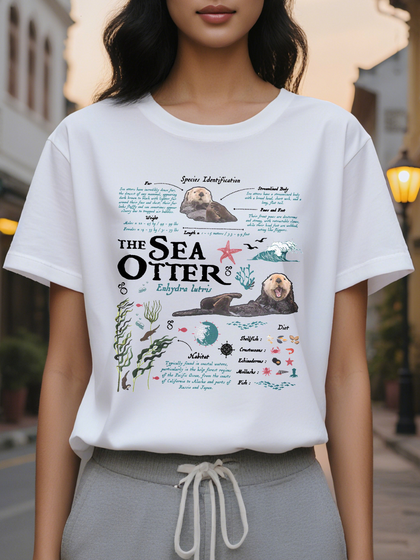 Women's Casual Sea Otter Print T-Shirt Round Neck Slim Fit Version Cotton Spring and Summer Regular Length