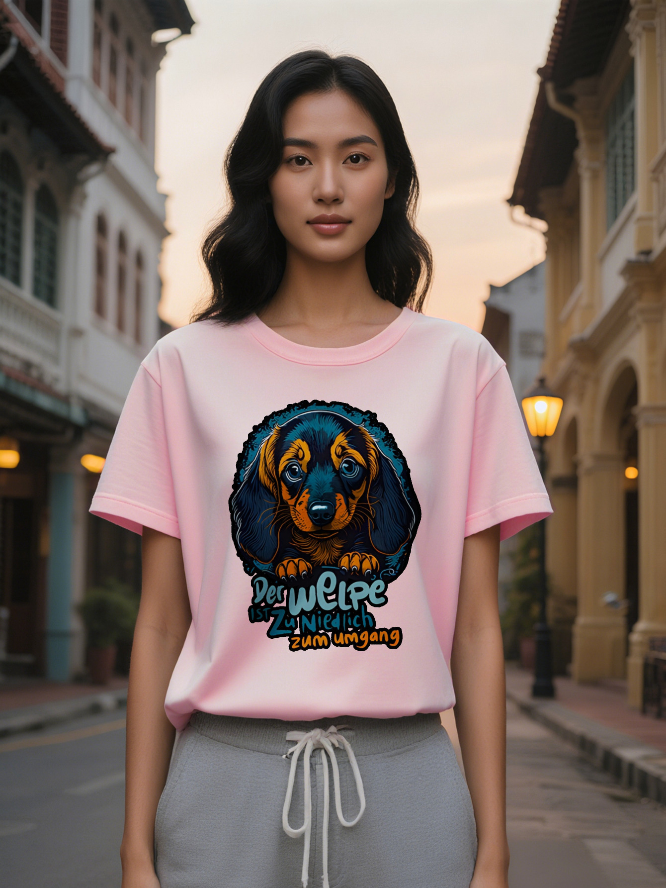 Large XL Graphic T-Shirt with Cartoon Dog Print Black Round Neck Summer Tee Dachshund Design German Text High Washable Plus Size