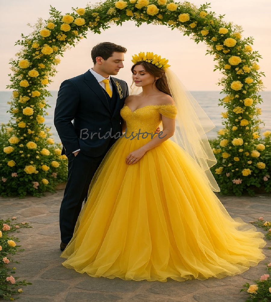 Bohemian Yellow Beach Wedding Dress Off Shoulders A Line Tulle Boho Bridal Dress Celestial Civil Garden Bride Dress 2025 Gothic Vestio De Novia