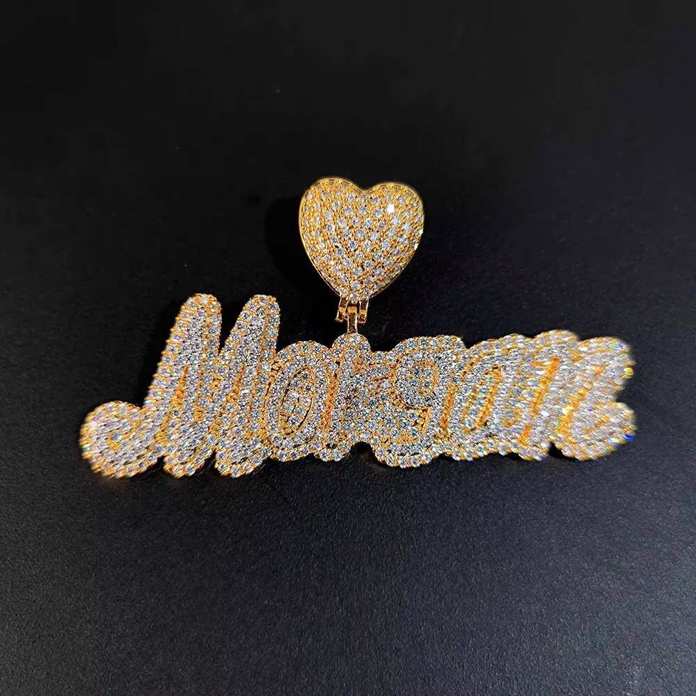 NUOYA Iced Out Moissanite Diamond Letter Pendant Necklace Rose Gold Heart Hook Design Custom Personalized Cursive Name Pendant