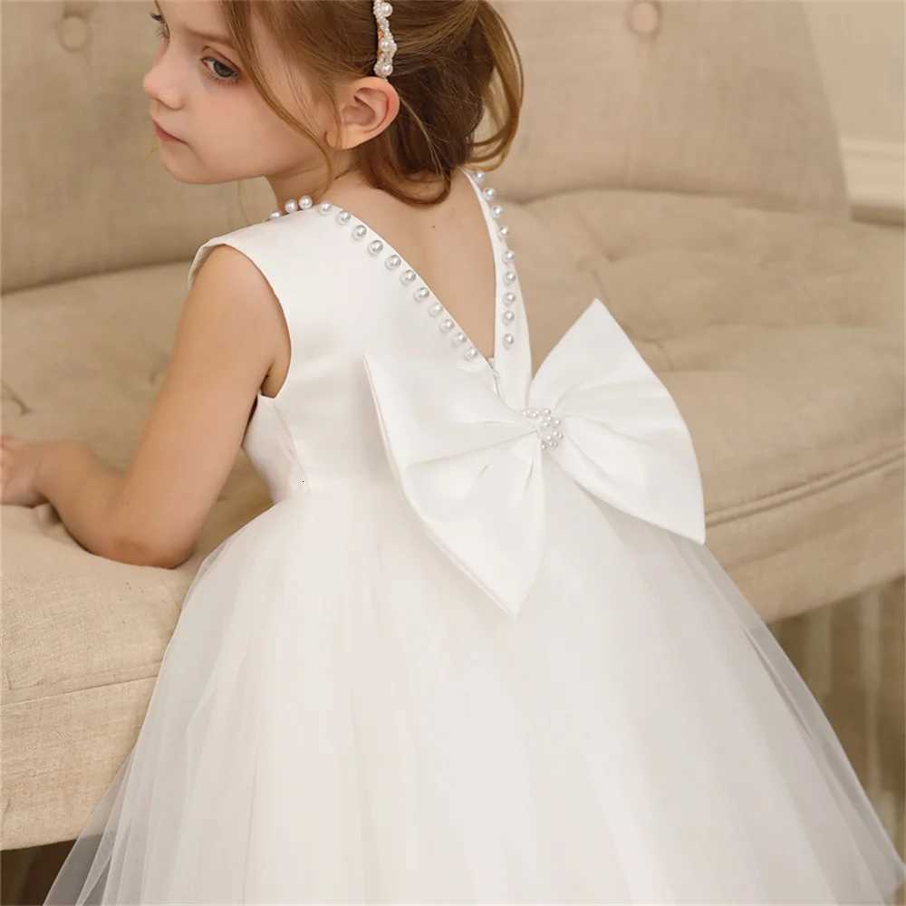 Toddler Girl Flower Birthday Tulle Pearl Dress Backless Bow Wedding Gown Baby Girl Bowknot Dresses Kid Party Wear Princess Dress Z250904