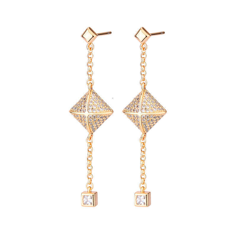 DHcollections Stylish V - Gold Women's Cross - Square Rivet Pendant Chain Earrings with Tassels. These V - Gold earrings feature a unique geometr