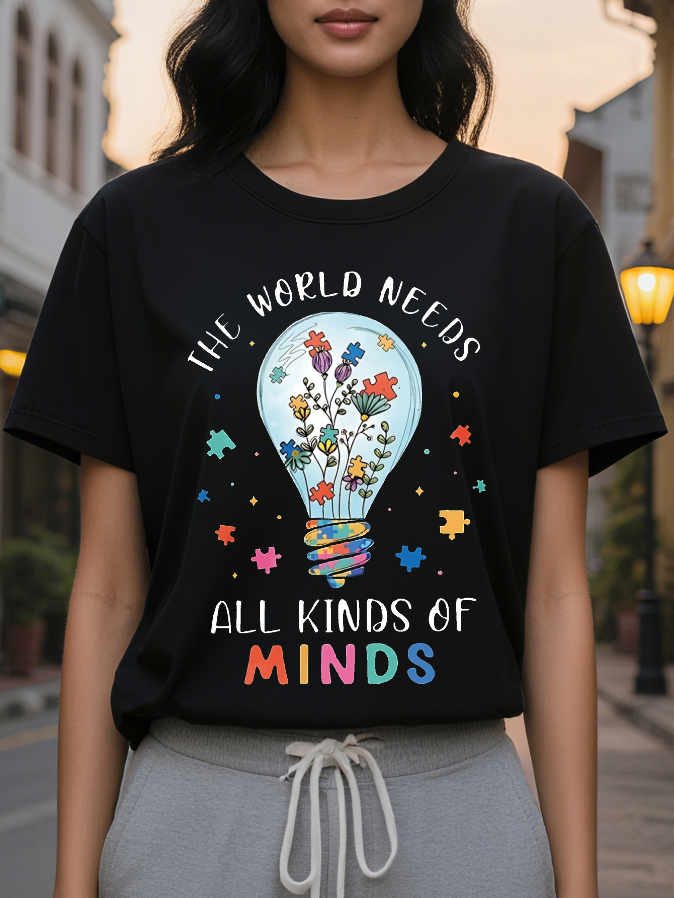 Large XL Women's Autism Awareness Neurodiversity Graphic Print T-Shirt The World Needs All Kinds of Minds Light Bulb Floral Plus Size